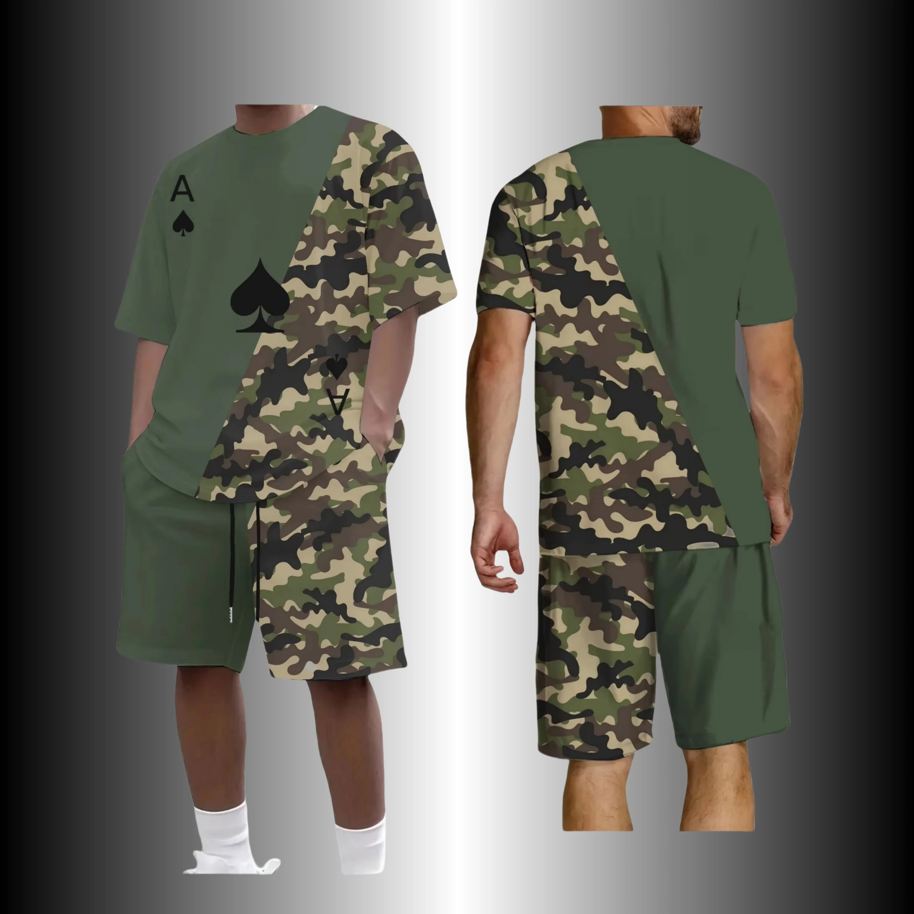 

Летний мужской камуфляжный комплект футболок с 3D принтом, мужской спортивный костюм, уличный костюм для кемпинга, охоты, негабаритные повседневные футболки, комплект из 2 предметов