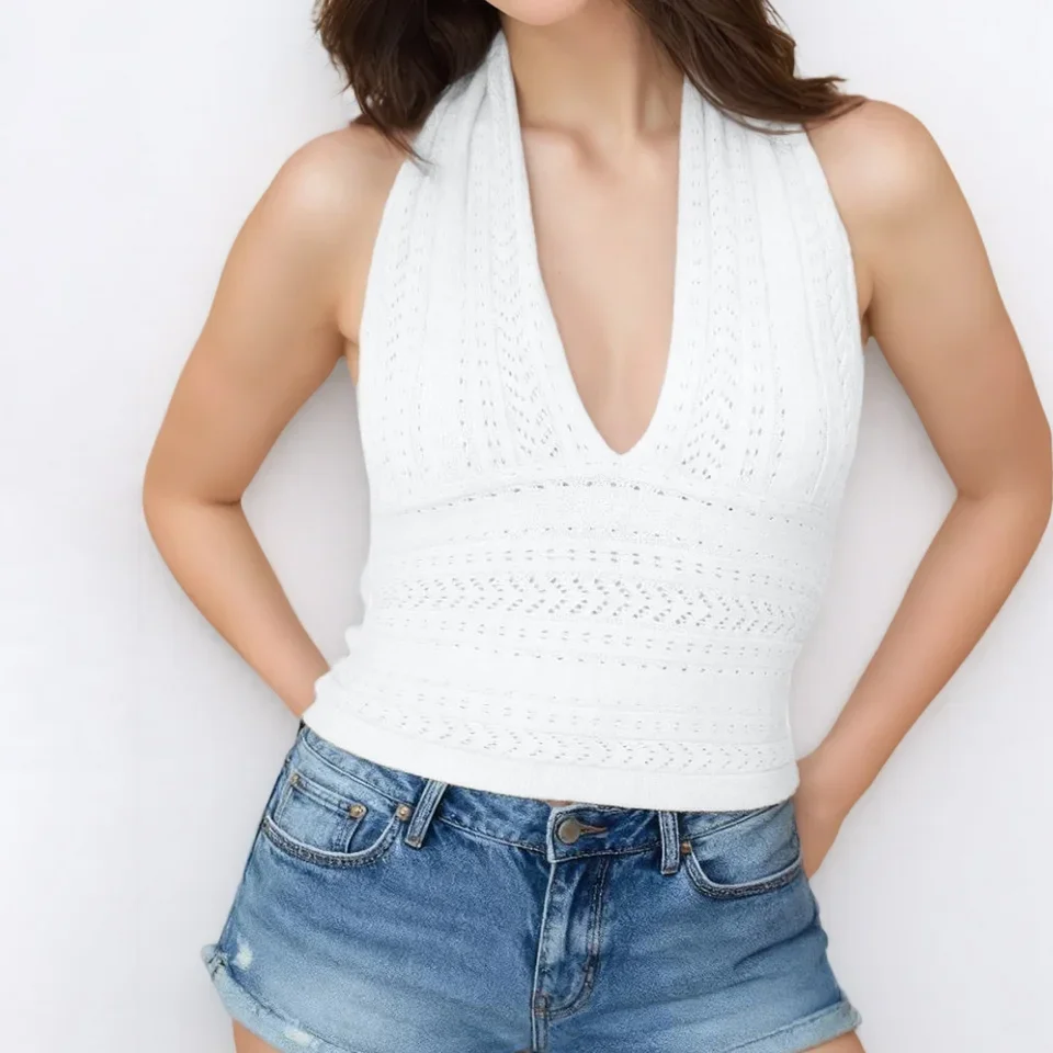 Women's Knitted Halter Tops Stylish Solid Color Eyelets Detail  Backless Sleeveless V Neck Vest Boho Beach Outfits ﻿