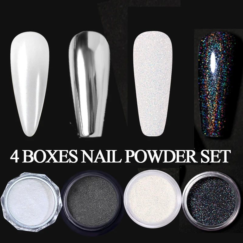 4Pcs Chrome Nail Powder Set Auroras Nail Powder Laser Pearl Powder Glitter Dust Kit for Gel Polish ManicureNail Art Decoration