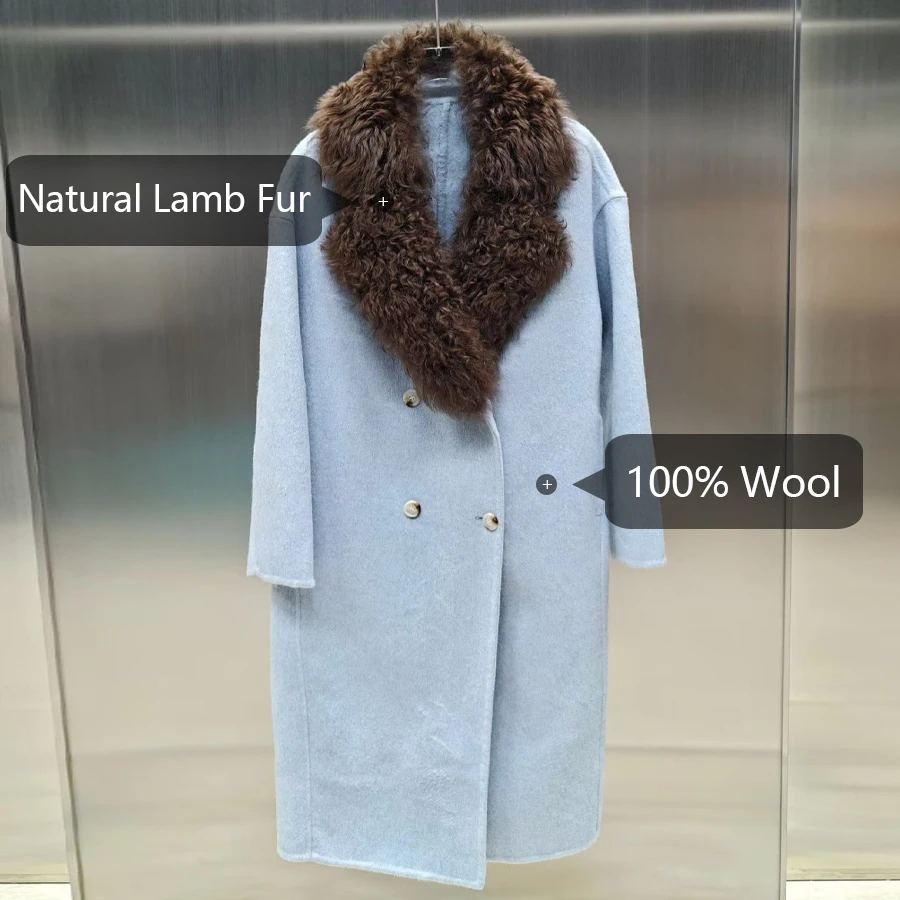 Winter Warm Wool Coat  With Lamb Fur Collar Long Cashmere Fur Coat Best Selling  Jacket Luxury