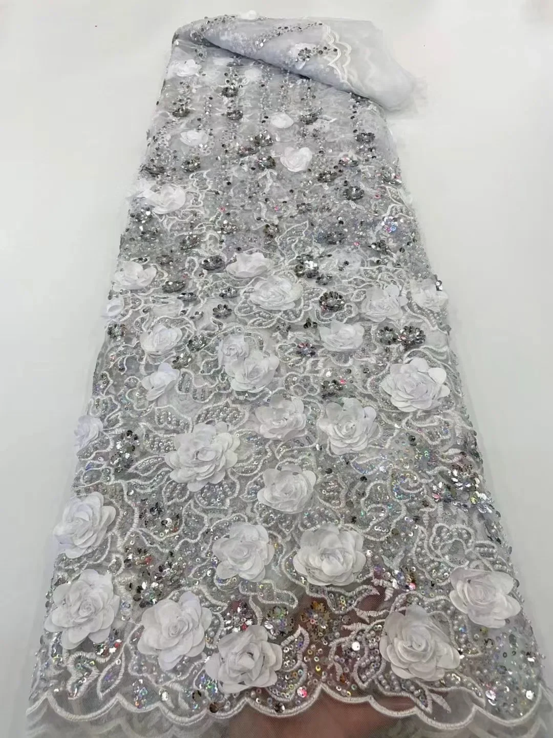 French luxurious 3D embroidered mesh lace sequin wedding beads, high-quality African fashionable design Nigerian lace dress