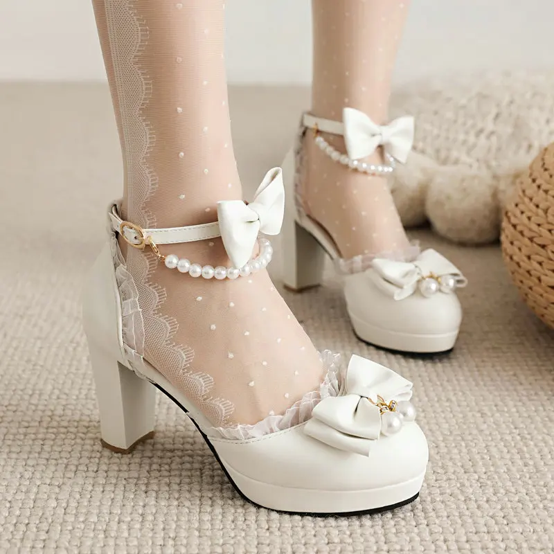 

Girls' Leather Shoes Summer 2023 Ladies Heels Cute Bow Lace Princess Mary Jane Lolita Shoes Party High Heels Women Pumps 30-43