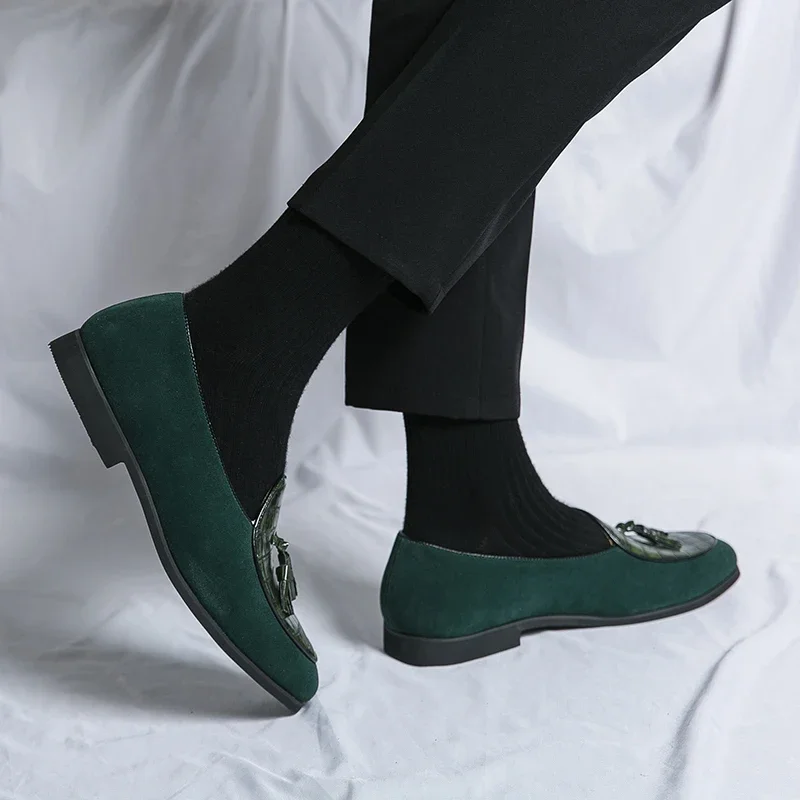 New Green Loafers for Men Brown Black Tassels Slip-On Round Toe Men Formal Shoes  Size 38-48 Men Shoes