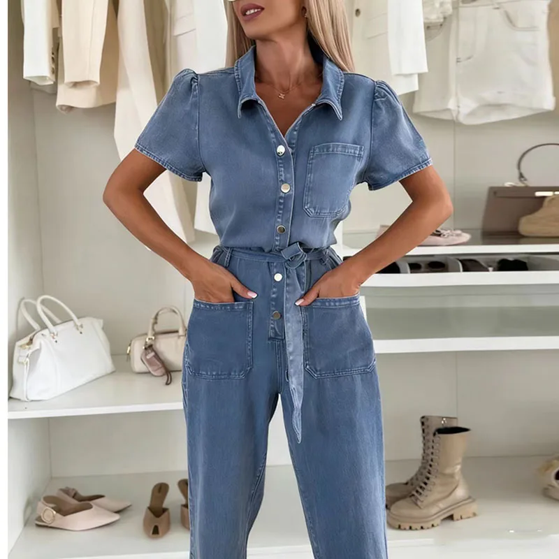 

2026 Casual Thin Lapel Tie Up Long Jumpsuit Women Fashion Street Pocket Cowboy Playsuits Elegant Button Solid Loose Jean Romper