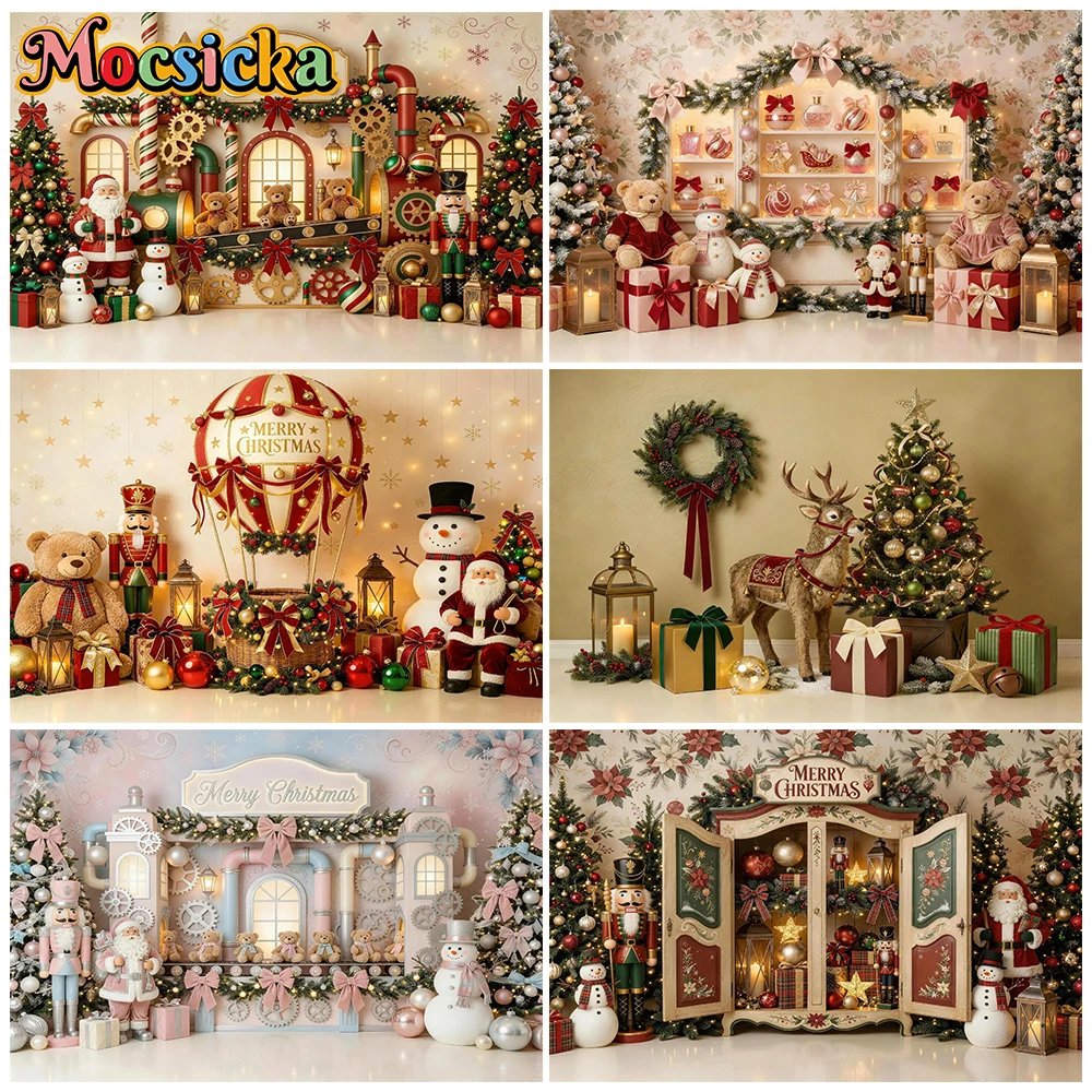 Mocsicka Merry Christmas Photography Backdrop Santa Winter Cabinet Snowman Bear Factory Xmas Tree Kids Portrait Photo Background