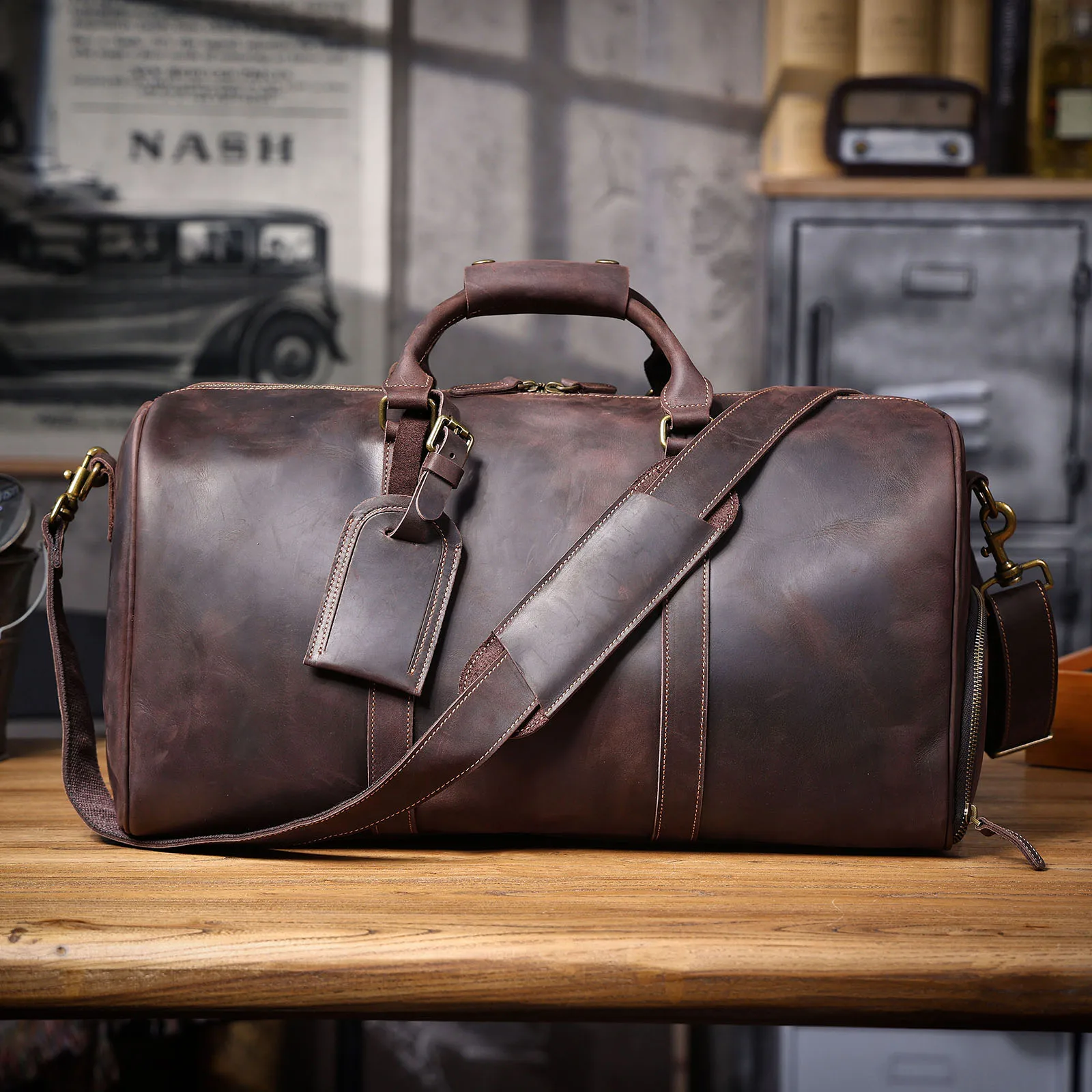 S.WORKER Vintage Vollnarbenleder Herren-Reisetasche Handgefertigte Weekender-Reisetasche – Detail 24