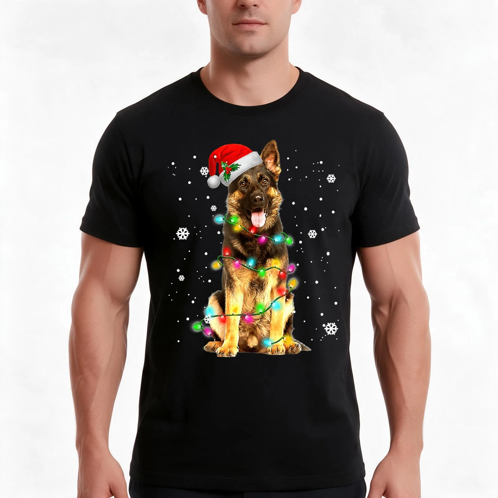 German Shepherd Dog Tree Christmas Sweater Xmas Dogs T-Shirt, Summer Casual Cotton Tee, Oversized Streetwear Tops, 100% Cotton