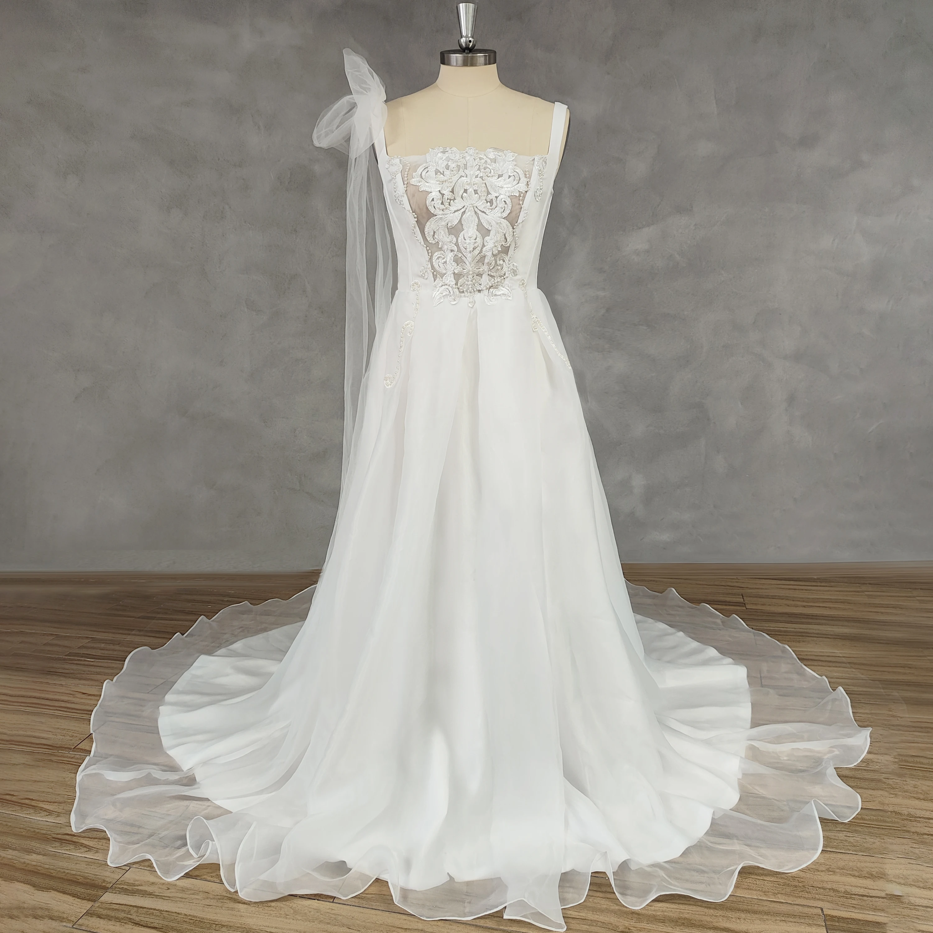 

DIDEYTTAWL Real Picture Sleeveless Square-Neck Tulle Wedding Dress A-Line Zipper Back Sweep Train Bridal Gown Custom Made