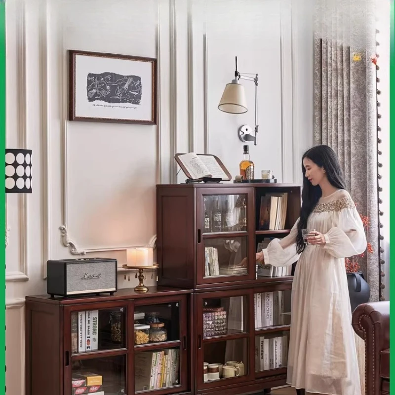 American solid wood bookcase, floor-to-ceiling display cabinet for home retro living room