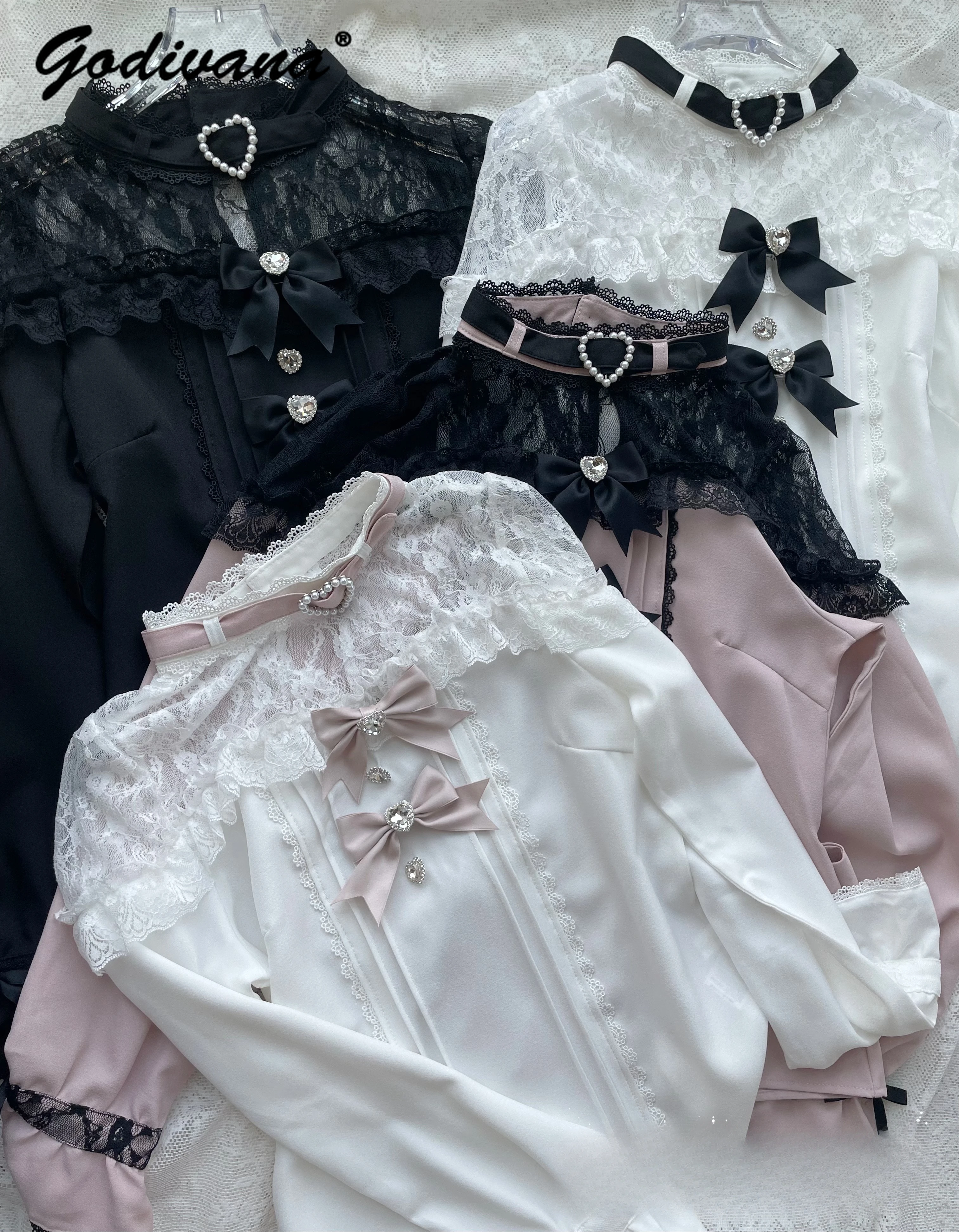 Japanische Mine Serie Massen produktion Lolita Bogen Liebe Spitze Spleißen Langarmhemd neue Frühjahr und Herbst Damen Bluse Tops