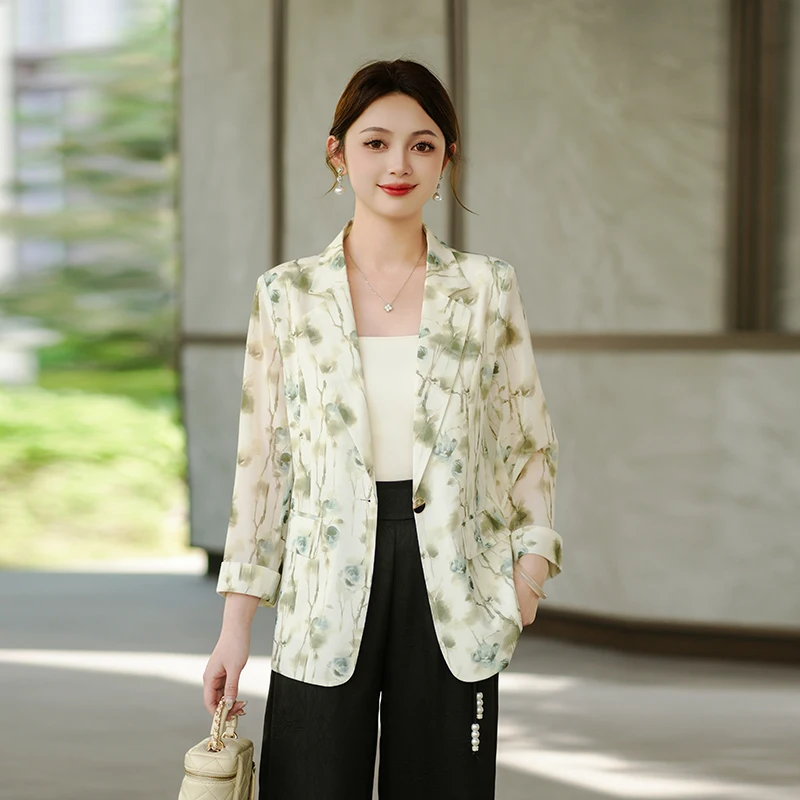2026 Summer New One-Button Seven-Sleeve Printed Slimming Mesh Women's Blouse Fashionable Elegant Style Polyester Fiber