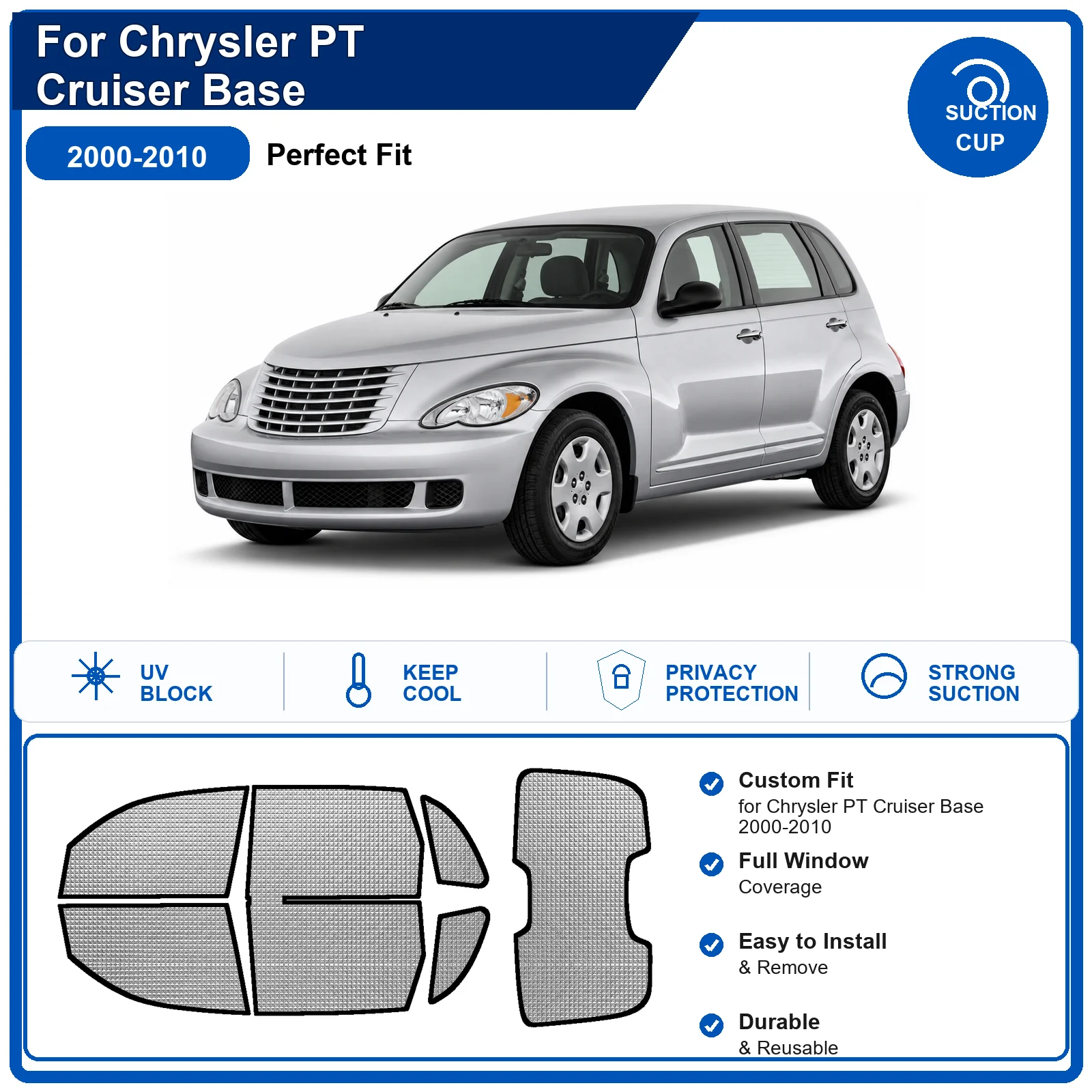 For Chrysler PT Cruiser Base 2000-2010 Custom Full Set Windshield Sun Shade Aluminum Foil Heat Insulation Anti UV Foldable