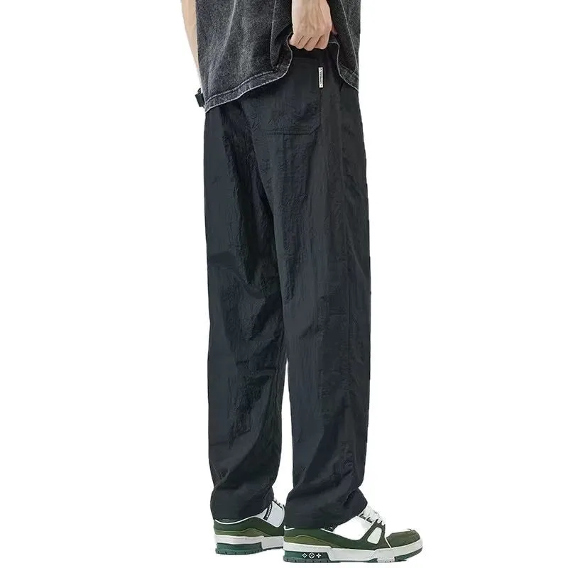 夏用薄手カジュアルパンツ アイスシルク速乾スポーツルーズストレートレッグメンズファッションワイドレッグパンツデイリーウェアロングパンツ