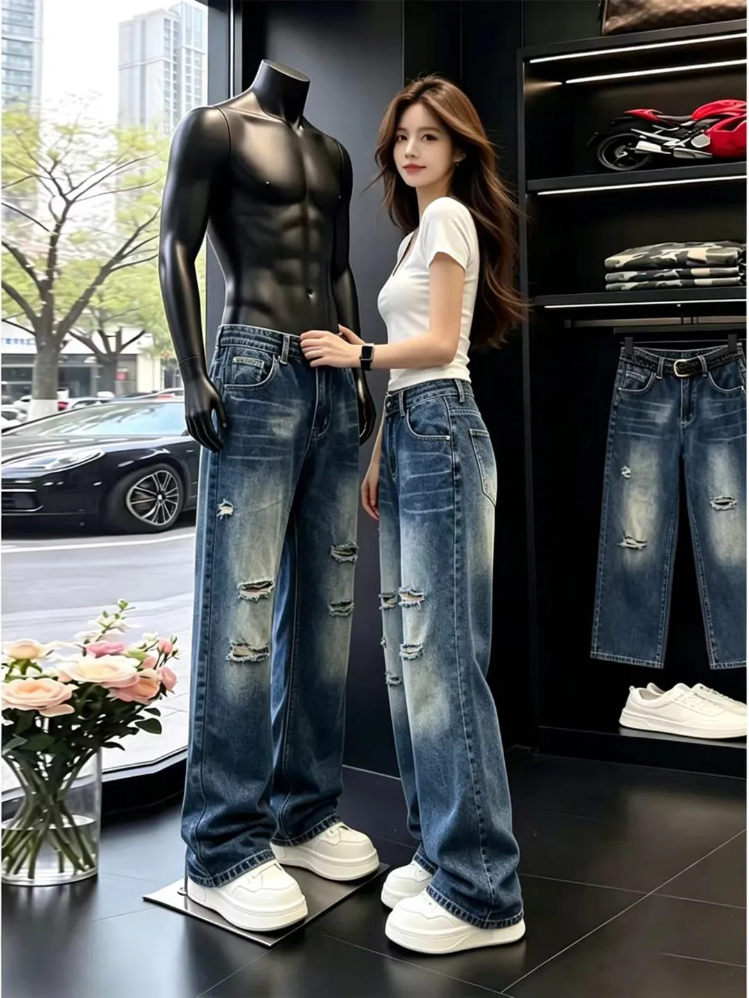 Blue Washed Hole Denim Jeans Men's Style Autumn Fashion High Street Knife  Pants Micro Flared Straight Leg Jeans