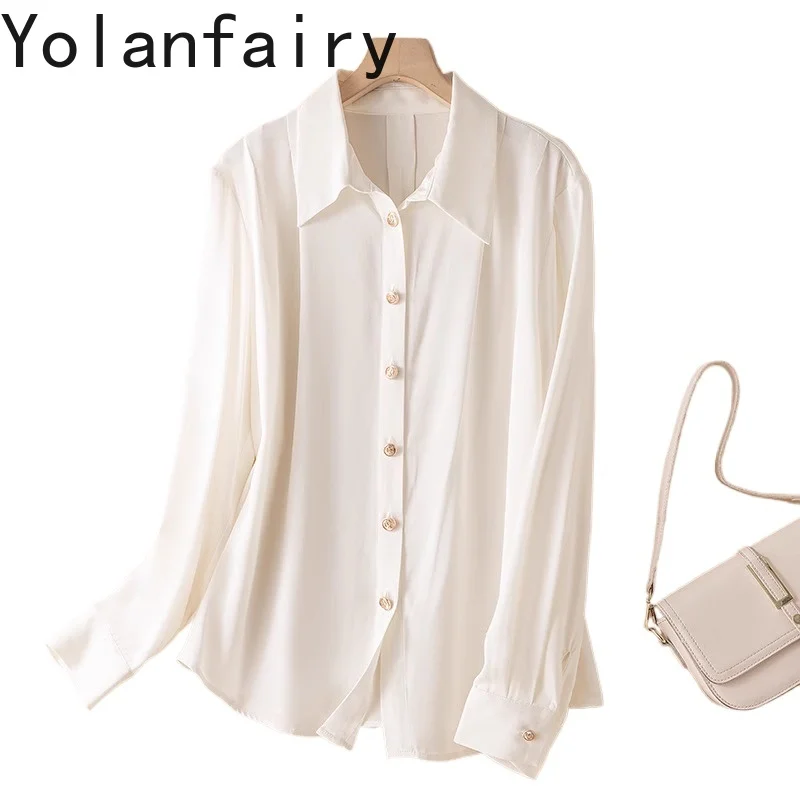 

YOLANFAIRY 93% Mulberry Silk 7% Spandex Shirt for Woman Lapel Loose Long Sleeve Tops Spring Autumn Shirts Female OL White Shirt