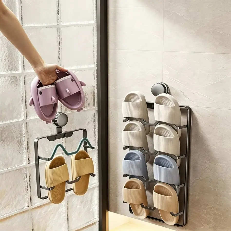 2/3/4 Tier Wall Mount Suction Cup Slipper Rack Punch‑Free Carbon Steel Bathroom Behind‑Door Shoe Storage Holder