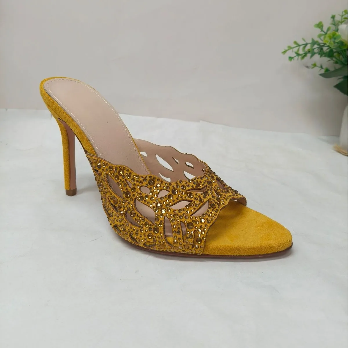 

Bling Rhinestone Hollow Soild Outdoor Pointed Toe Summer Women Slippers Stiletto High Heels Pull On Design Large Size Shoes