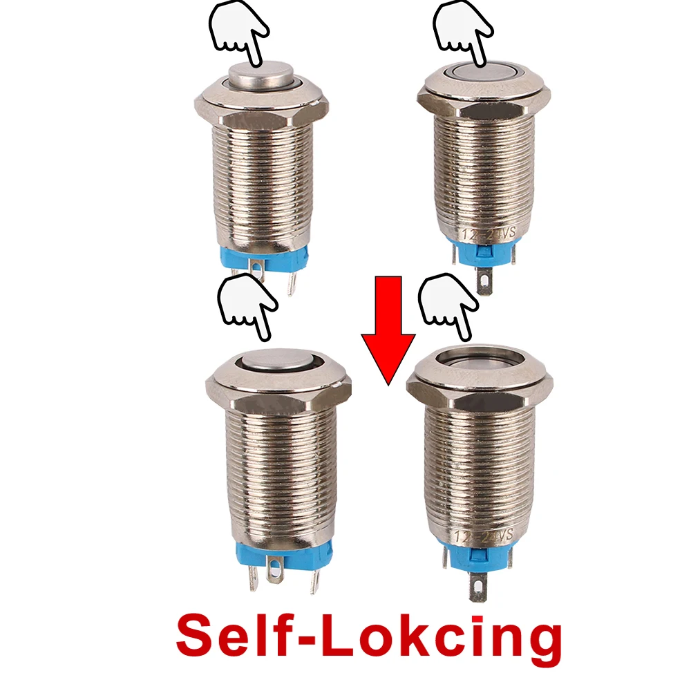 1pc 12mm Waterproof Anti-Vandal Metal Push Button Annular Switches Momentary Latching 3V 24V 1NO Green Red