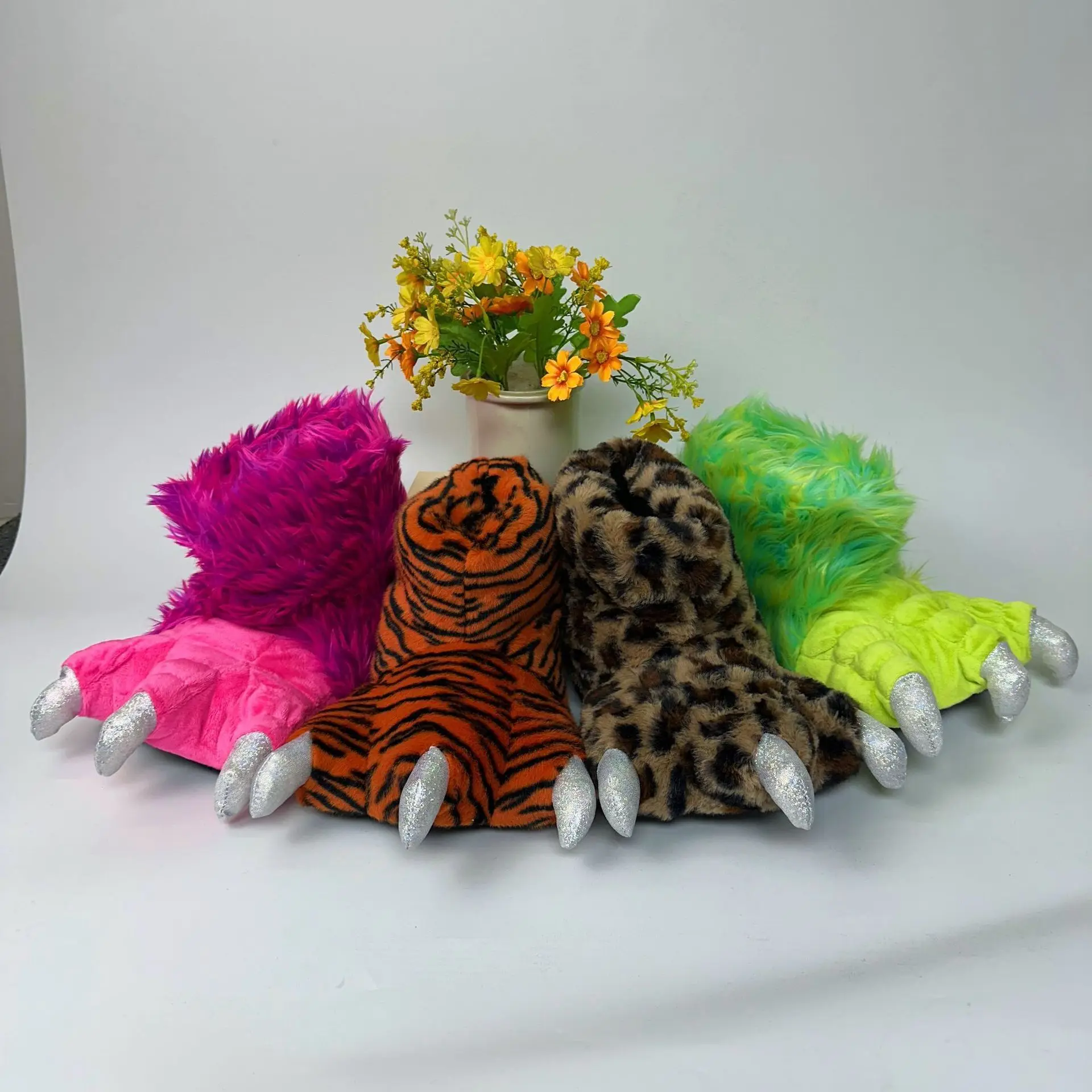 Women Winter New Funny Animal Paw Slippers Cute Tiger Monster Claw Plush Slippers Indoor Home Warm Fluffy Cozy House Shoes