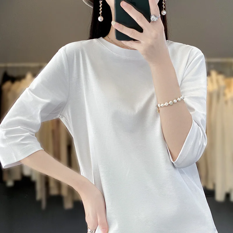 Mercerized Cotton Cropped Sleeve Female Spring And Summer 2023 New Round Neck Loose 100% Cotton Short Sleeve Bottoming T-Shirt