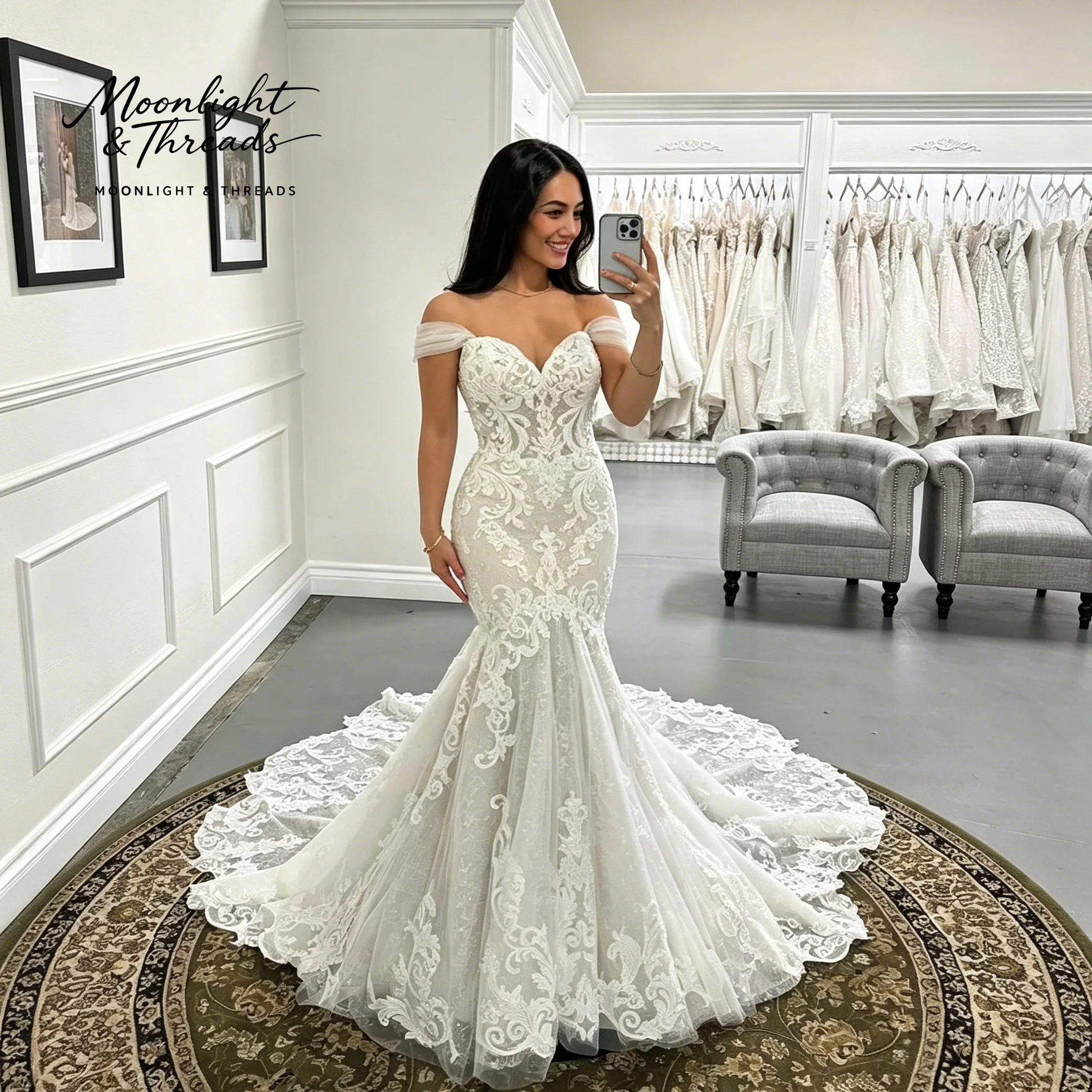 Elegant white crepe off-the-shoulder strapless mermaid-style formal wedding gown with exquisite embroidery