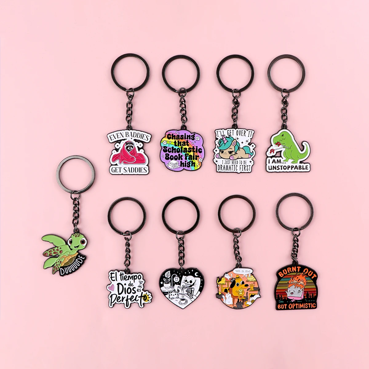 Funny Quotes Keychain Cute Cartoon Sea Turtle Dog Dinosaur Raccoon Pendant Keyrings for Women Men Key Jewelry Accessories Gifts