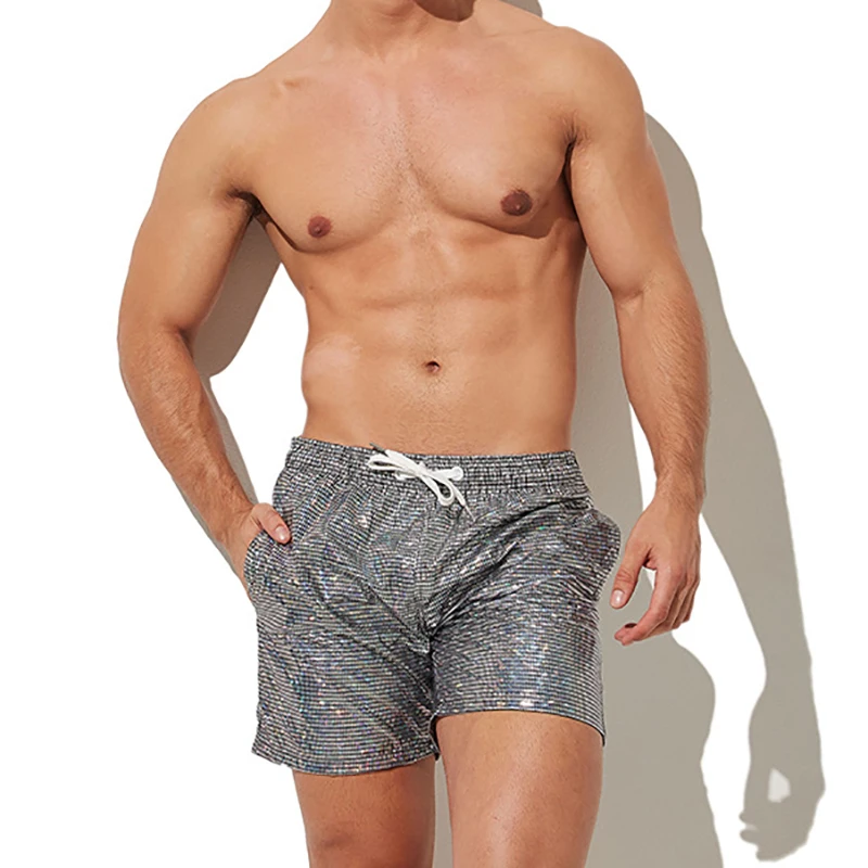 Men Board Shorts Trunks Sequined Bling Swimming Pants Pocket Casual Fitness Sweatpants Shiny Shorts Swimwear Bikini Pantalones