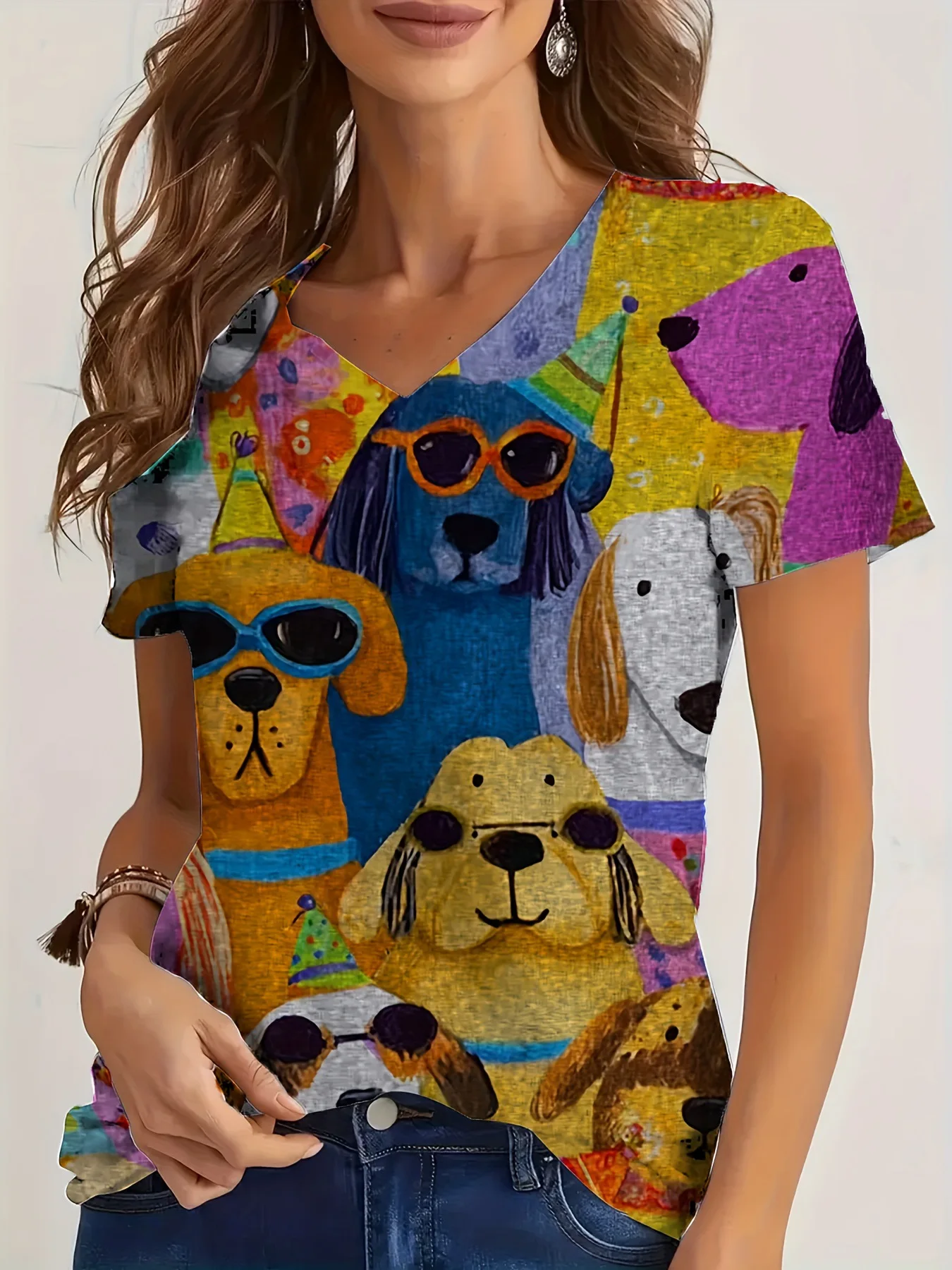 Cartoon Dog T-Shirts Animal 3D Print Women's Summer Casual Short Sleeve V-Neck T Shirt Y2K Tees Harajuku Tops Female Clothing