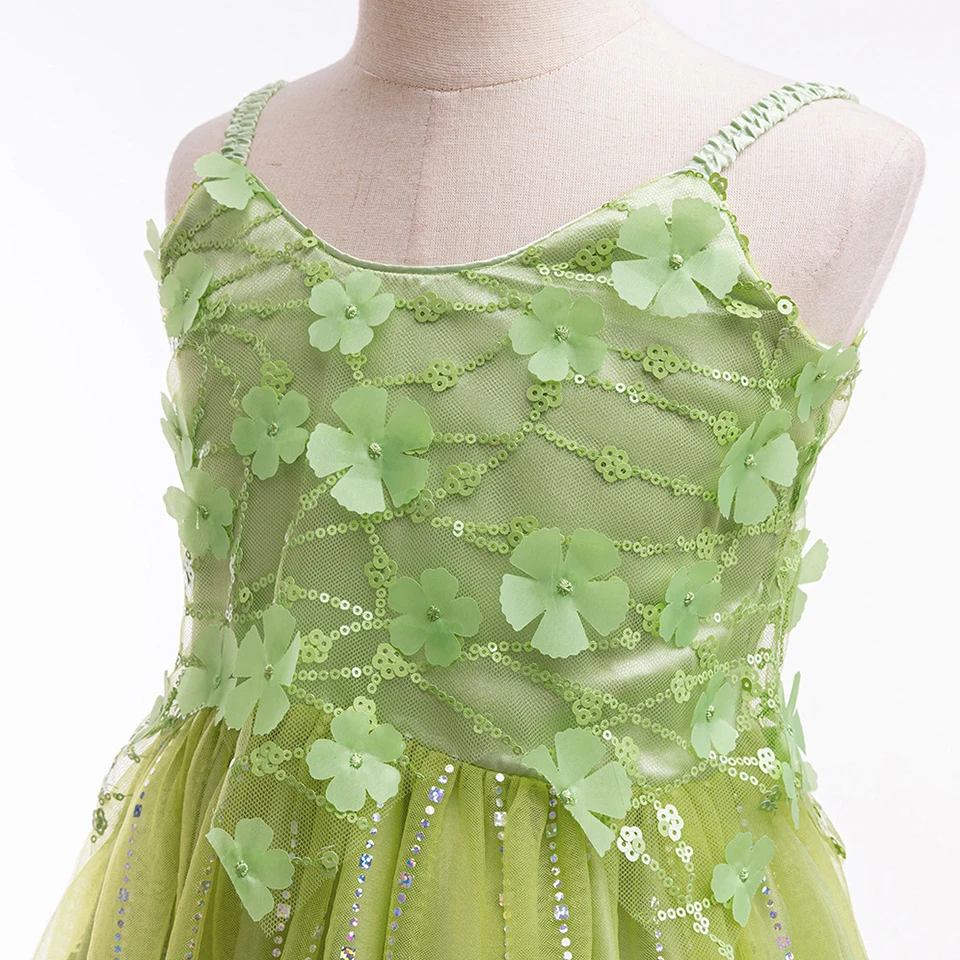 Sparkly Green Fairy Tutu Girl Dress Halloween Cosplay Tinker Bell Carnival Birthday Party Kids Clothes Fancy Toddler Clothes