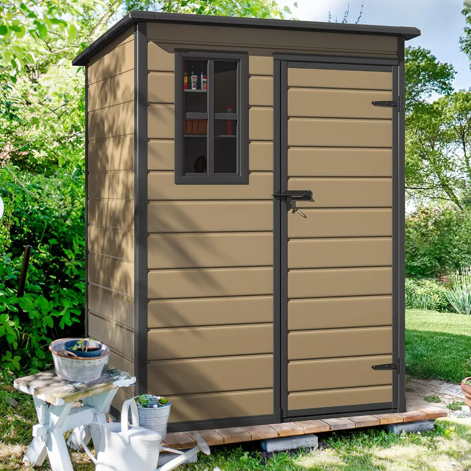 Waterproof Lockable Storage Shed with Window, Plastic Outside Tool Storage for Garden, Backyard, Patio, Lawn,Brown