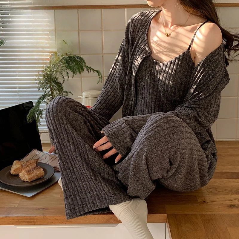 Spring and autumn new pajamas women's simple gray lace-up cotton pad suspender sweet cotton long-sleeved three-piece loungewear