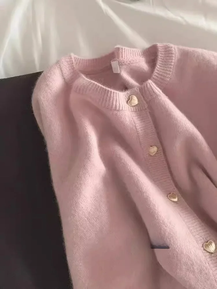 

Pink Knitted Cardigan Women's ort Sle Bear Fur Simulation High-End Feeling Autumn Season Gentle Wind Small Size Top