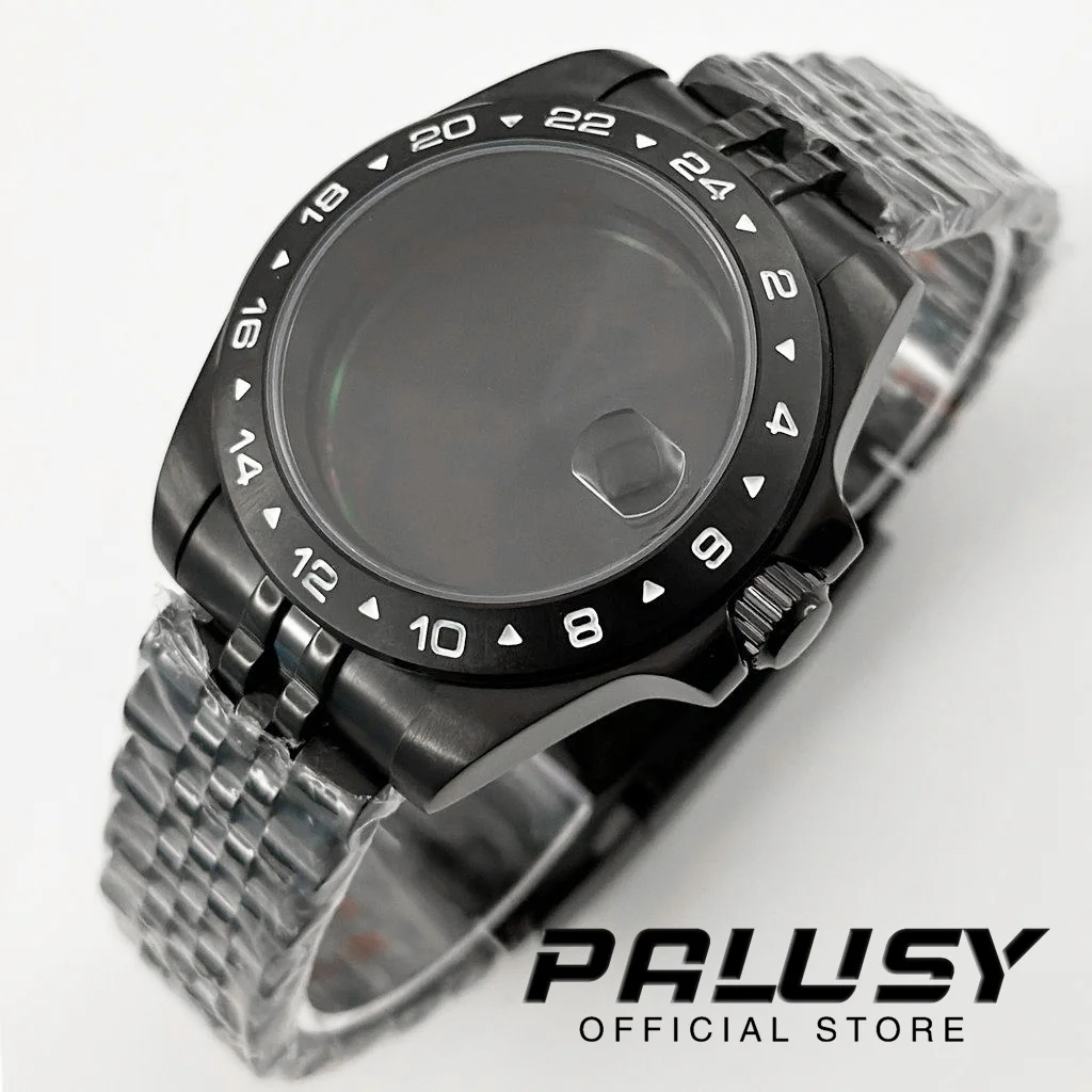 Nh35 40mm exp 24 horas gmt preto moldura fixa caixa de relógio sólido glide lock fecho vidro safira para nh34 nh35 nh36 eta2824 movimento