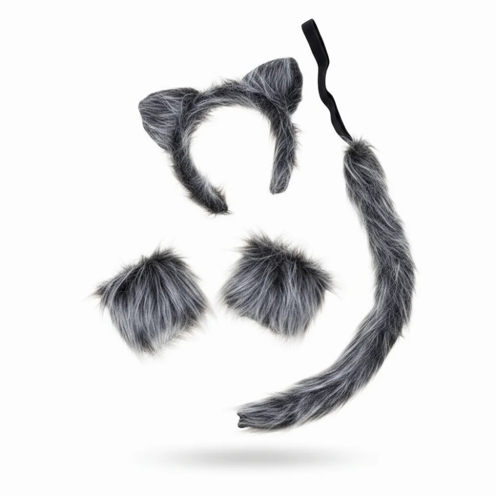 4pcs/set Furry Gray Wolf Costume Set Faux Fur Fluffy Plush Sleeve Cover Tail Kit Exquisite Lightweight Wolf Ear Headband Unisex