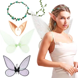 Halloween Fairy Wings For Adult Elf Ears Fairy Floral Headband Crown Party Costume Accessories Women Kids Cosplay Butterfly Prop