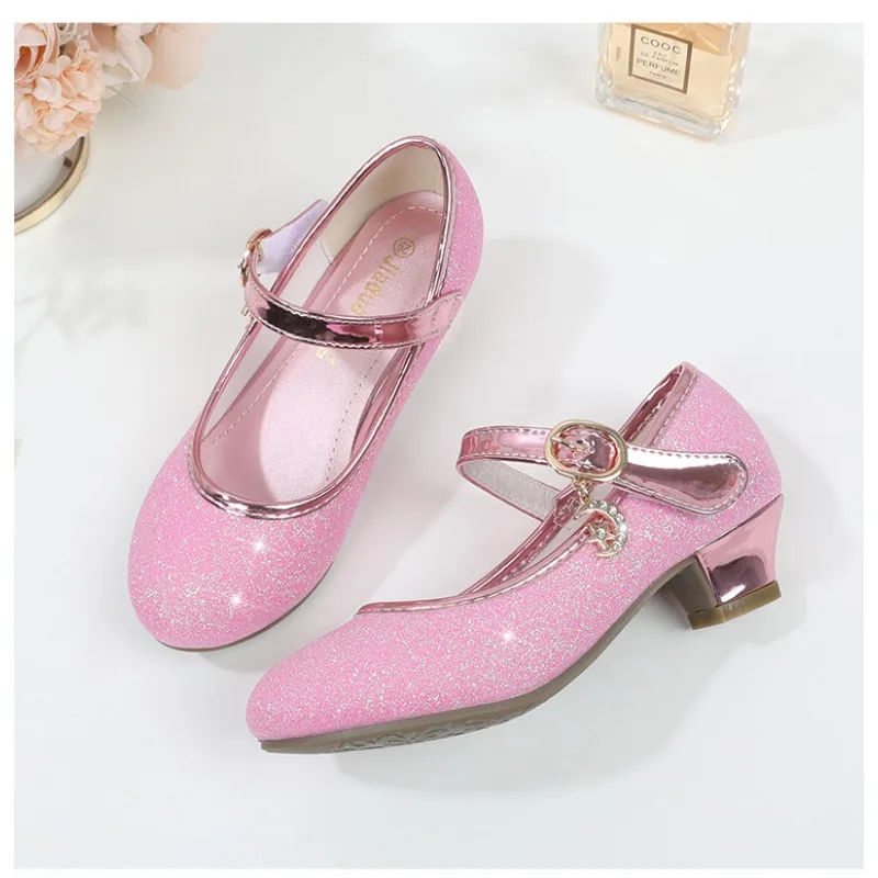 Children Princess Shoes Student Dance Shoes for Girls High Heel Sandals Dress Purple Kids Leather Glitter Crystal Shoes Banquet