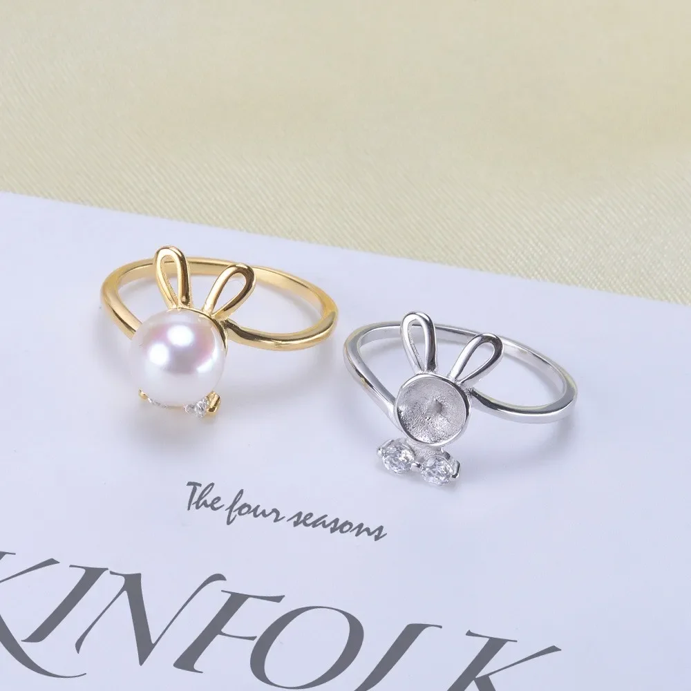 

DIY Pearl Ring Accessories S925 Sterling Silver Pearl Ring Empty Holder Little Rabbit Ring Fit 6-8mm Round Flat Beads Z105