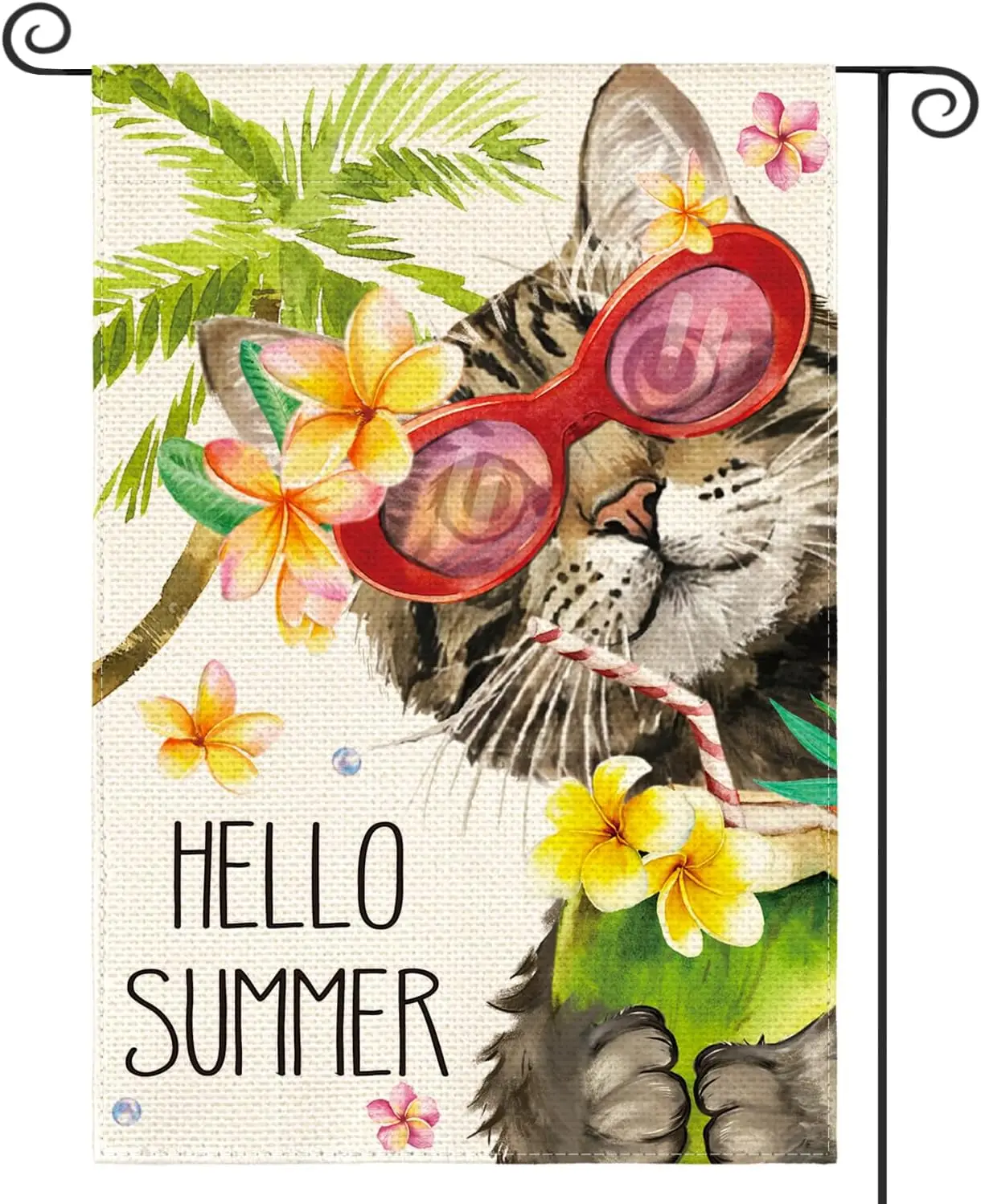 AVOIN colorlife Hello Summer Floral Cat Garden Flag 12x18 Inch Double Sided Outside, Party Holiday Burlap Yard Outdoor Decor yyi