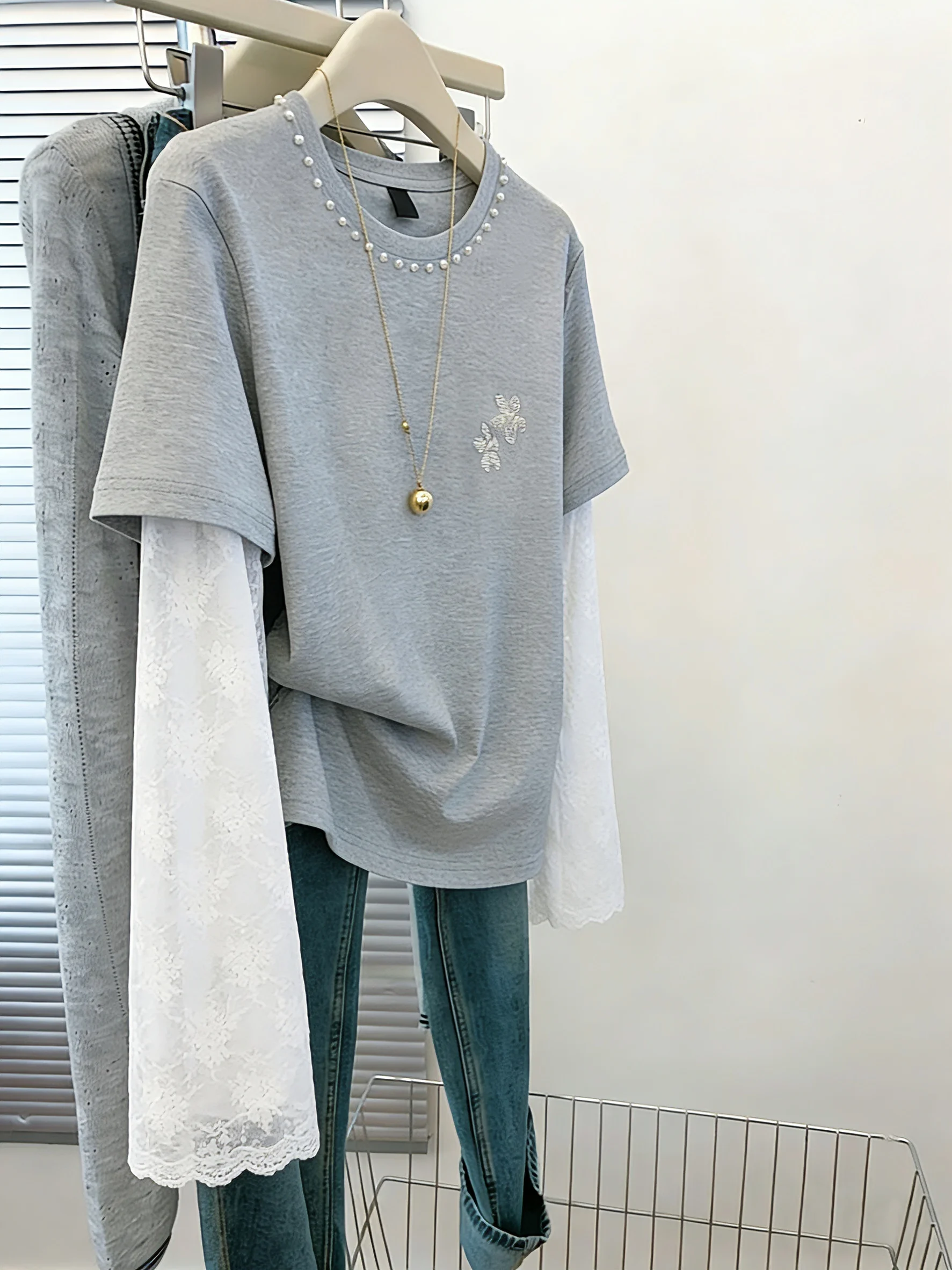 

Повседневная серая футболка с длинным рукавом унисекс, весна-осень, креативный дизайн, круглый вырез, комбинированный топ для молодых мужчин и женщин