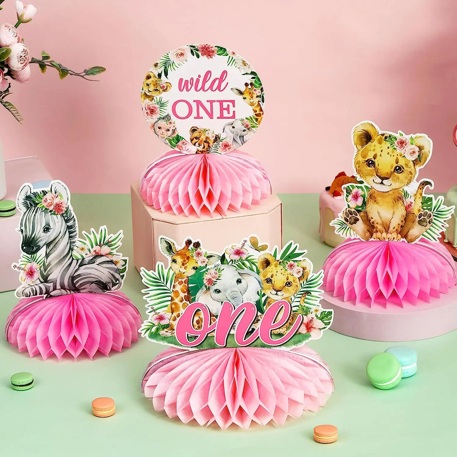 Wild One Honeycomb Centerpieces for Table, Pink, Jungle, 1st Birthday Decorations, Safari Animal Centerpieces for Girls, 1 Year