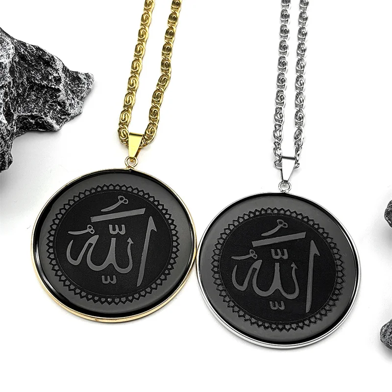

Big Black Obsidian Islamic Arab Allah Necklace for Women Men Stainless Steel Natural Stone Pendant Necklace Arabic Chain Jewelry