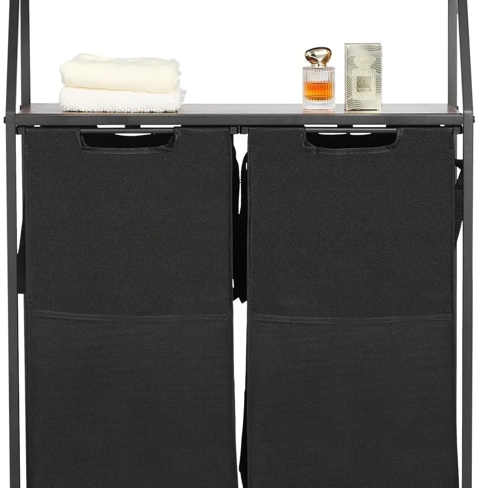 

Двухъярусная корзина для белья на колесиках с металлическим каркасом, деревянной столешницей и секциями из ткани Оксфорд 600D для хранения одежды