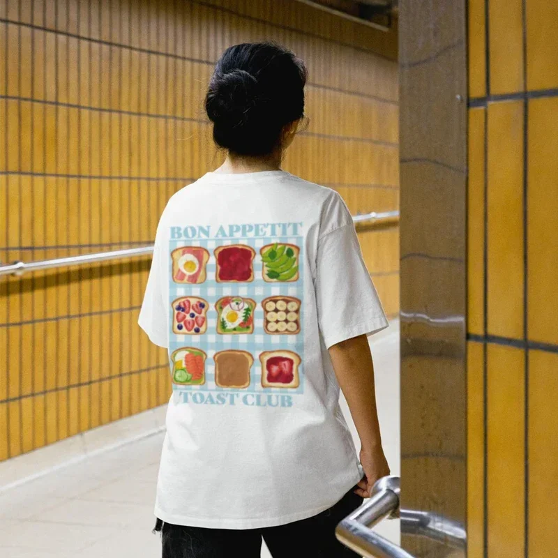 Toast Club Back Print T-Shirt Retro Ästhetisches Frühstück Grafik T-Shirts Süßes Foodie Damen Shirt Unisex Streetwear Fashion Tops Y2k