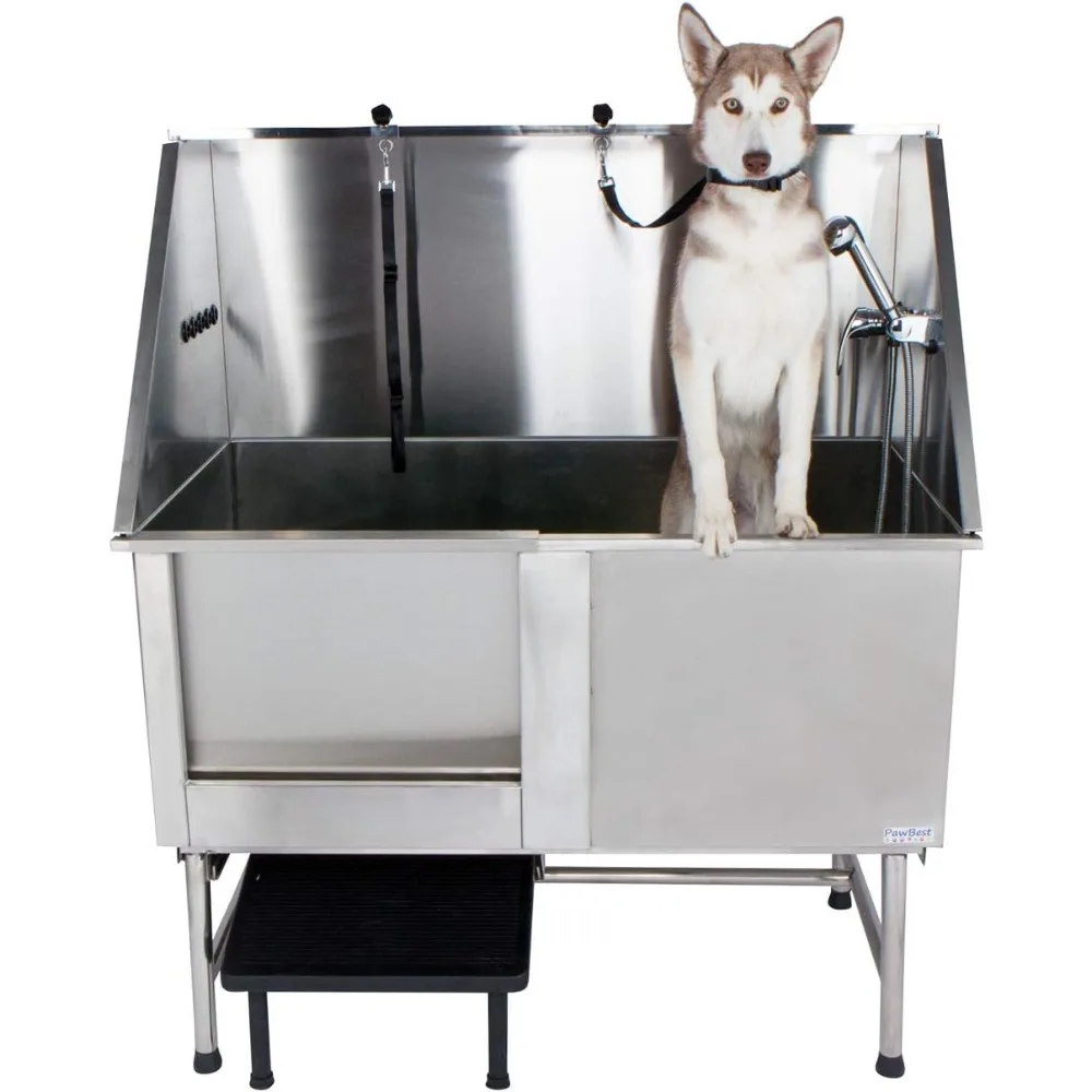 Stainless Steel Dog Grooming Bath Tub with Ramp, Faucet, Hoses and Loops (50