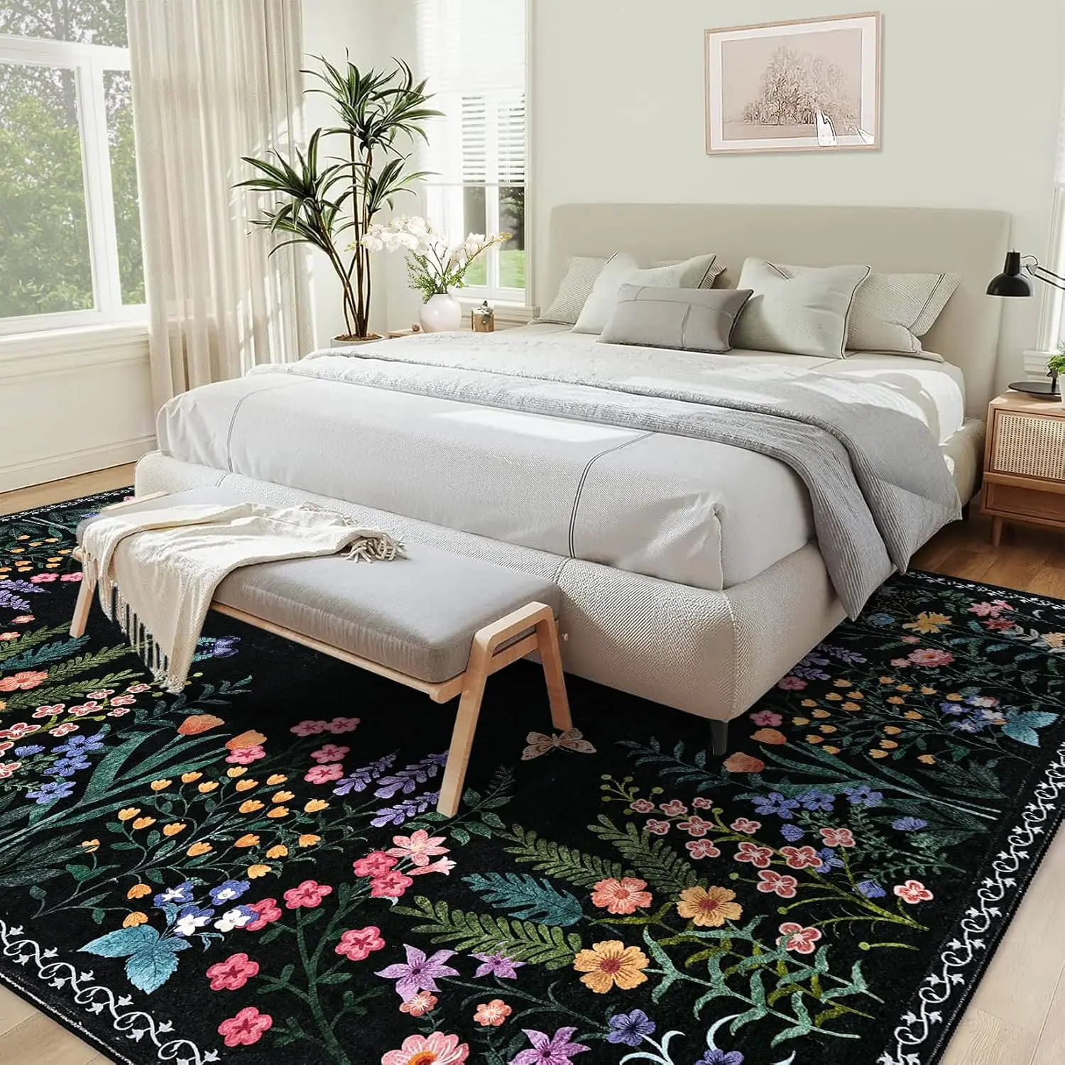 Boho Washable Rug for Entryway Floral Living Room Rugs, Non Slip Soft Bedroom Rug Floor Carpet for Dining Room Laundry Foyer