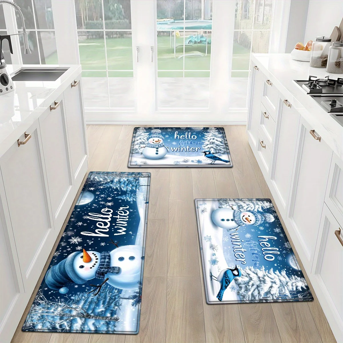 VIKAMA Christmas Kitchen Runner Set Non Slip Washable Snowman Forest Bird Snowflake Floor Mats Xmas Holiday Rug