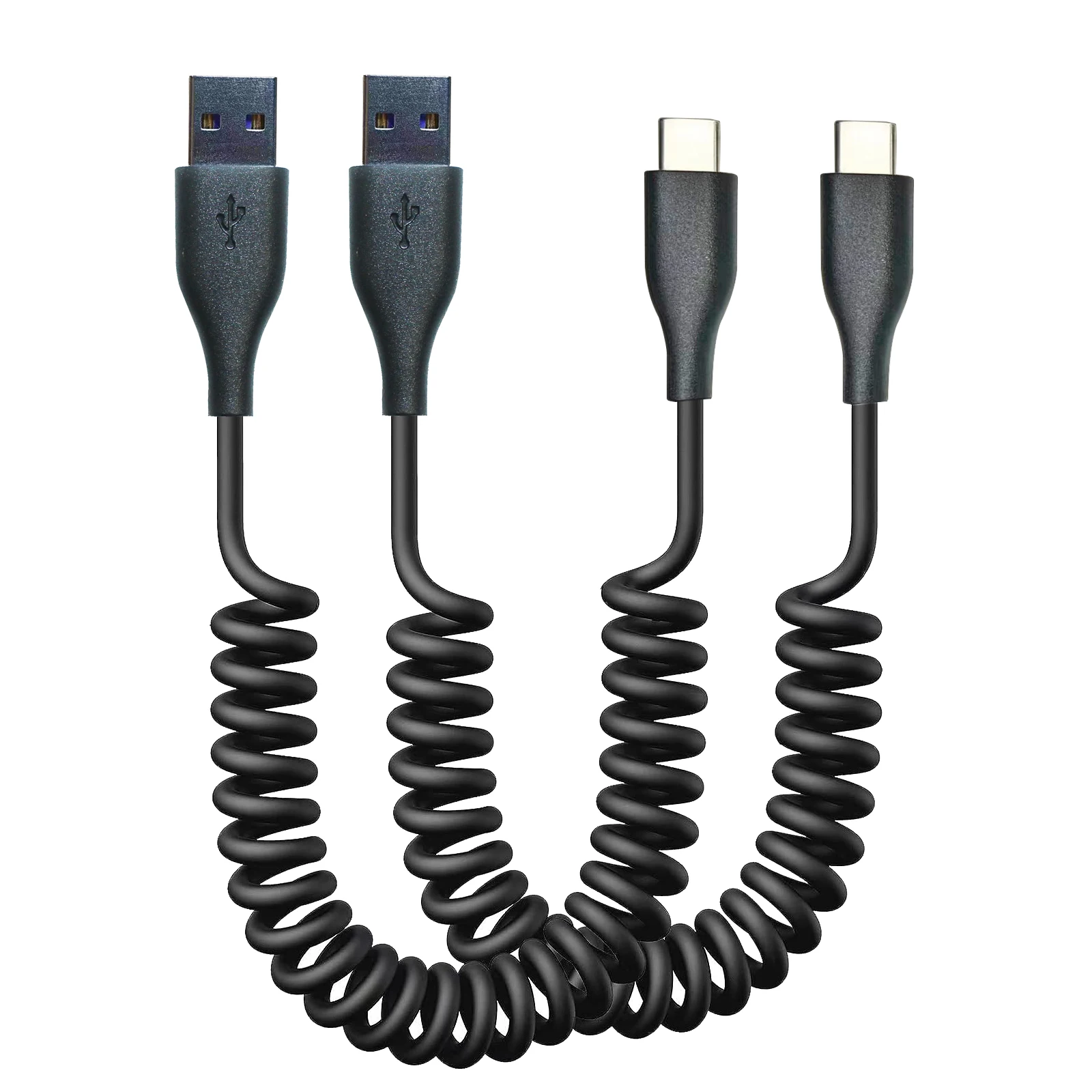 SOTESIN High-Speed Coiled Car Charger Cable - 66W PD Fast Charging, USB Type A to USB C for Android Phone 5ft (2PCS Black)