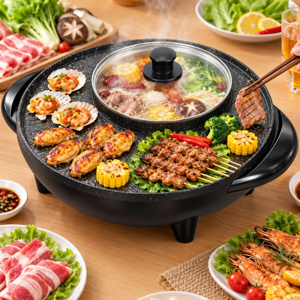 Cast Aluminum Electric Hot Pot Grill Non-Stick Coating Tempered Glass Lid 2-in-1 Hot Pot Black Dual Cooking Zone Shabu Shabu Pot