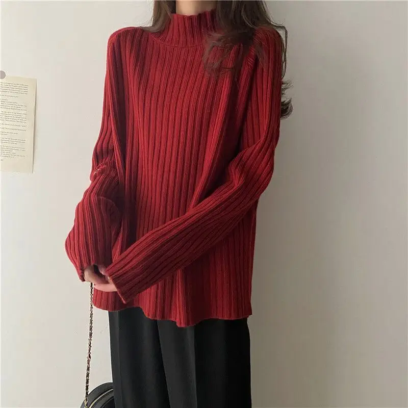 Autumn Winter Fashion All-match Long Sleeve Loose Sweaters Women Clothing Elegant Chic Turtleneck Pullover Casual Solid Knit Top