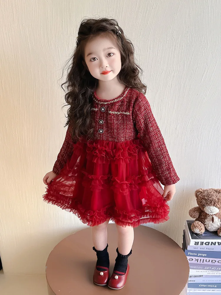 

New Girl's Red Christmas Dress Autumn/Winter Velvet Warm Long Sleeve Cake Dresses Baby Girls Birthday Party Princess Dress